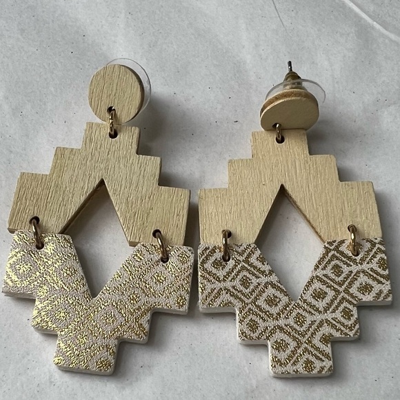 Gold Printed Wood Earrings, Ivory - Picture 3 of 3